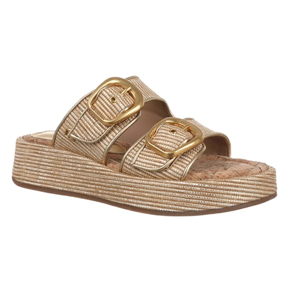 new Sam Edelman Nerissa Platform Summer Slide Sandals Raffia Gold Buckle Sz 8.5 - Picture 3 of 8